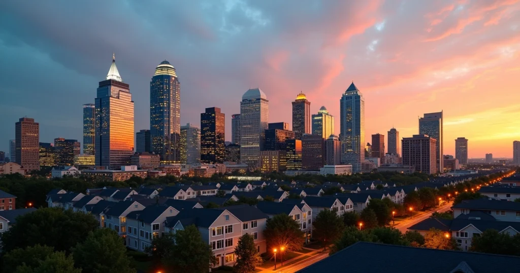 Charlotte skyline with high-rise apartment buildings and townhouses 