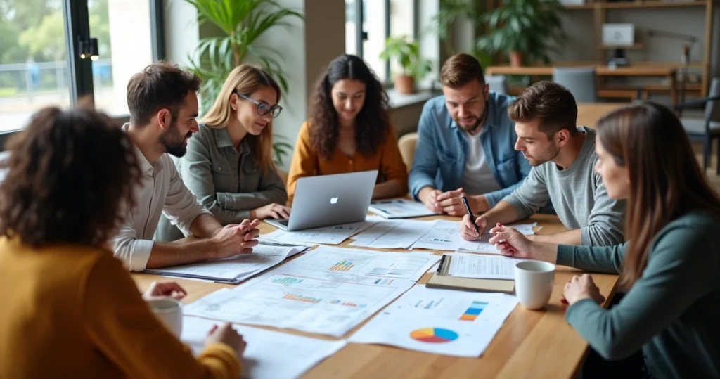 Crowdfunding investors discussing over laptop 