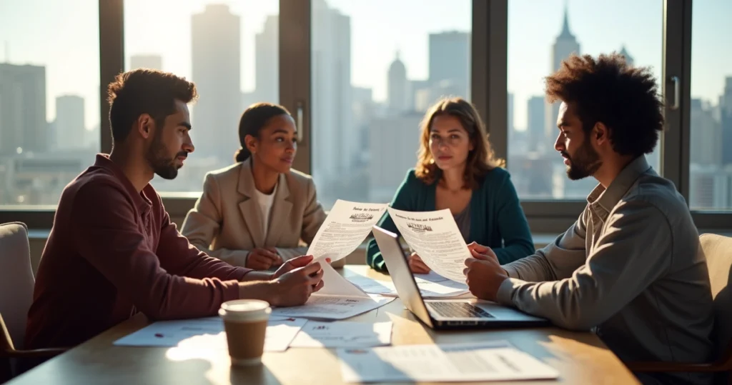 A group of diverse people reviewing U.S. home listings together 