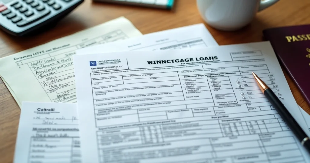 Assorted documents for a mortgage loan neatly arranged on a table 