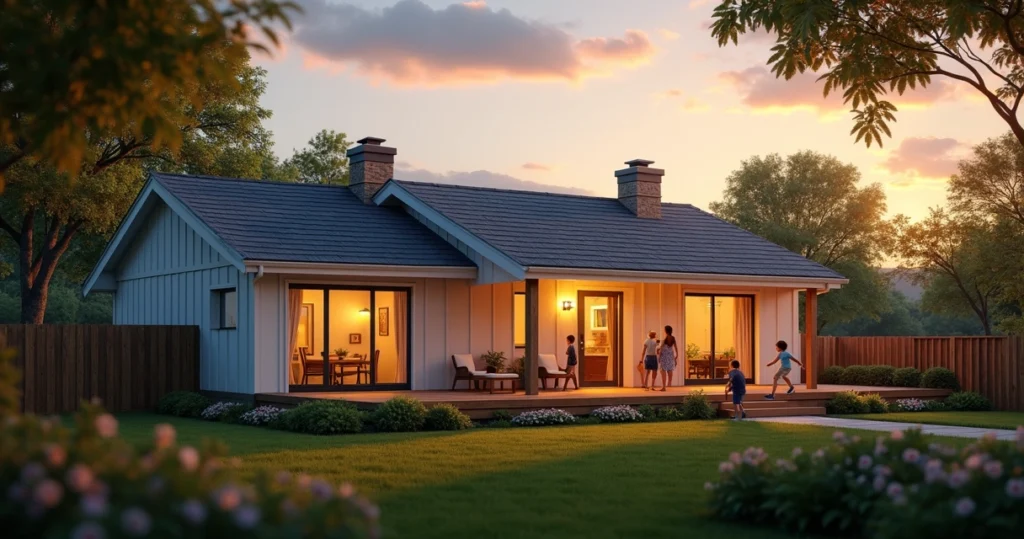 Family house with yard at dusk, lights on inside 