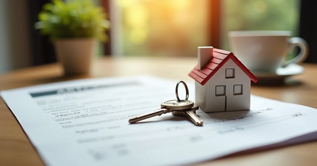 House keys next to mortgage contract on wooden table 