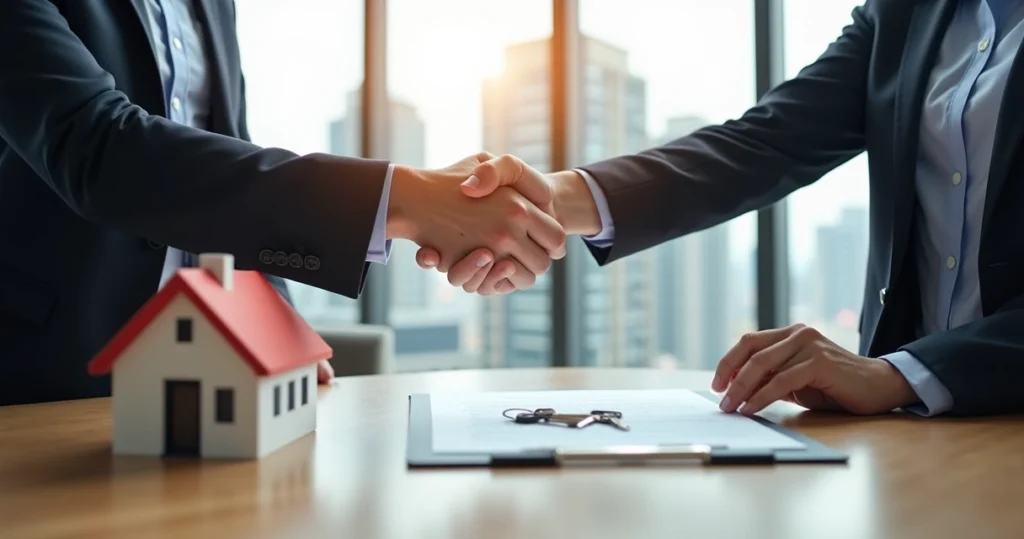 Man and woman shake hands over house contract 