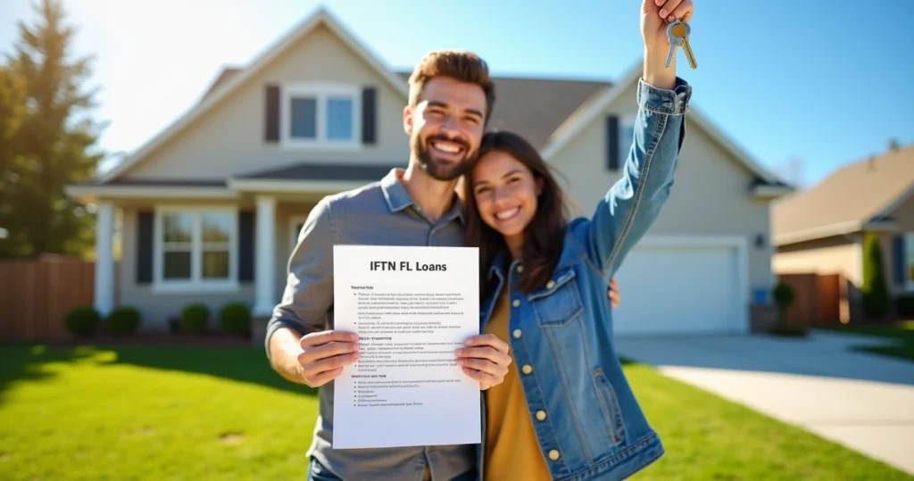 Young couple celebrating in front of their new home holding loan documents 