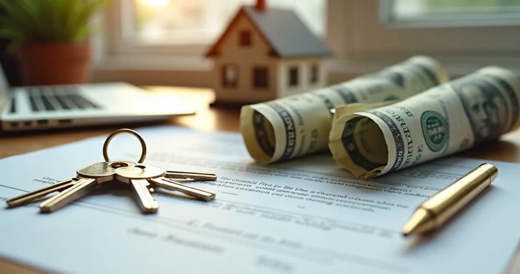 House keys, miniature house, rolled dollar bills 
