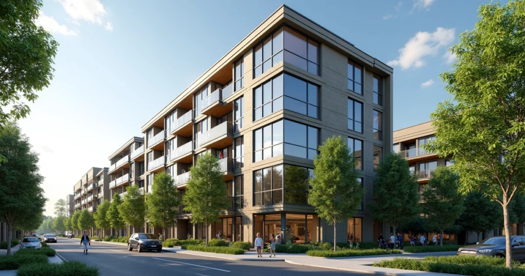 Modern apartment building with large windows and greenery 