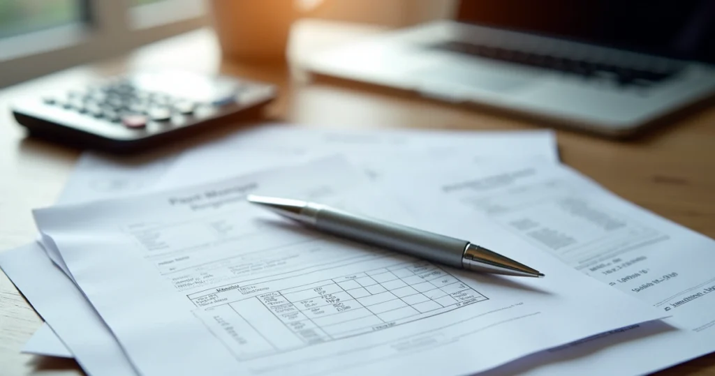 Mortgage documents on desk with pen and calculator 