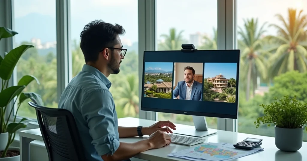 Investor video conferencing with real estate agent in modern office 