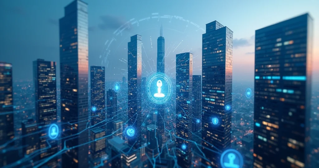 Digital token symbols and real estate buildings overlapping 