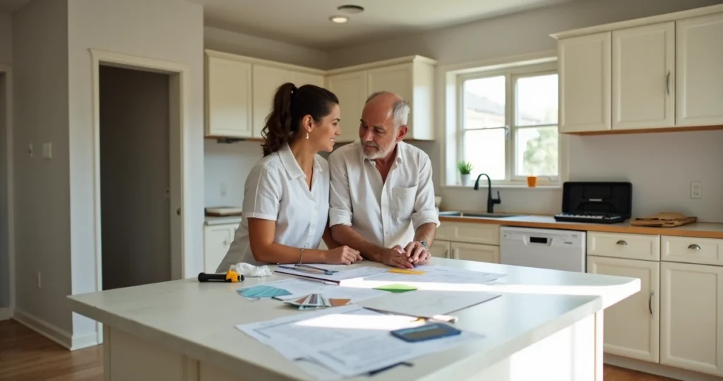 Couple reviewing renovation plans with contractor 
