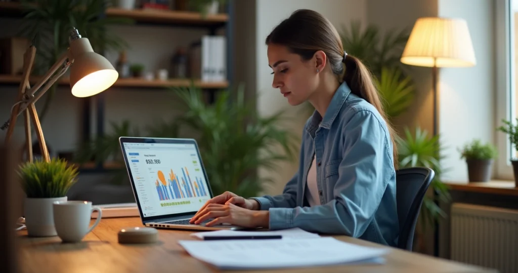 Loan specialist reviewing credit score on laptop at modern desk 