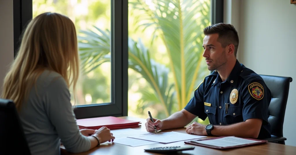 Florida public service professional filling home loan application with help from advisor 