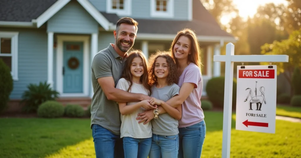 Family celebrating in front of new house 