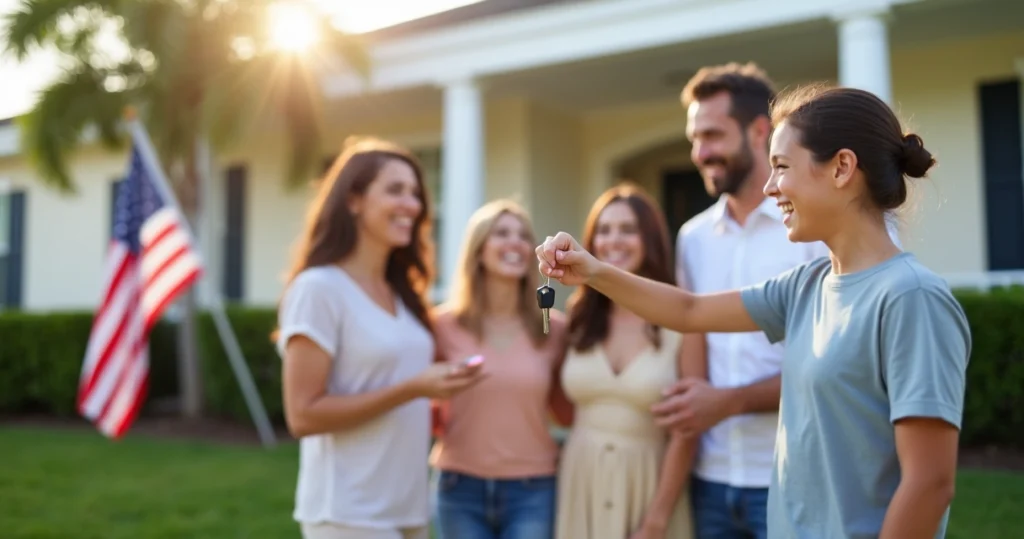 Family receiving house keys from realtor in front of a suburban home 