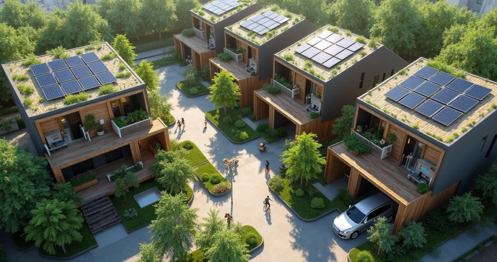 Eco-friendly neighborhood with solar panels and green roofs 