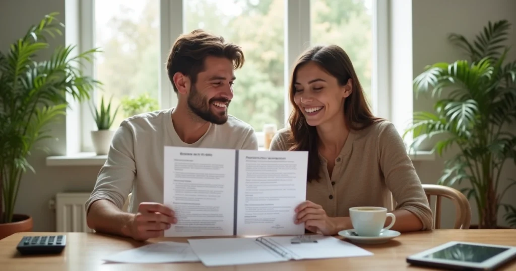Happy couple holding refinance agreement at living room table 