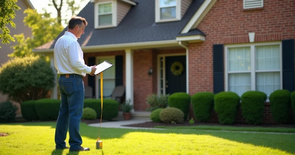 Appraiser inspecting home exterior with clipboard 