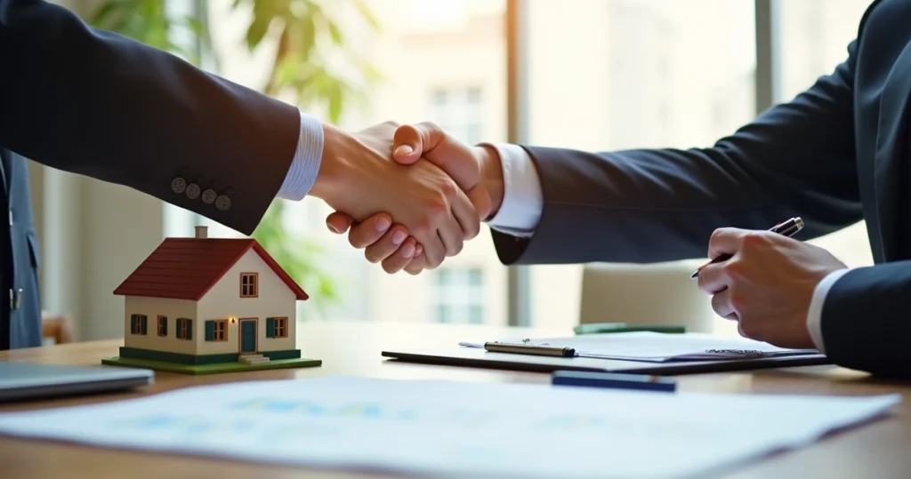 Two people shaking hands after mortgage approval 