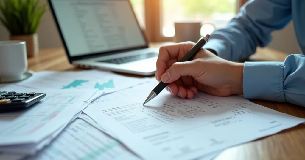 Mortgage paperwork and documents on a desk 