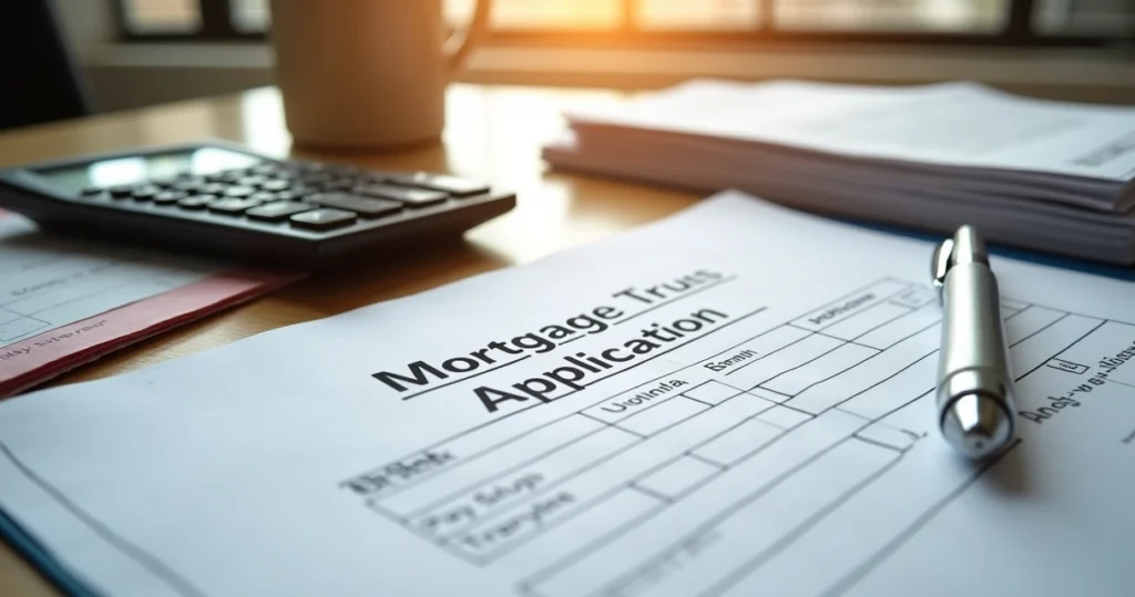 Assorted mortgage application documents, calculator, and pen on a wooden desk 