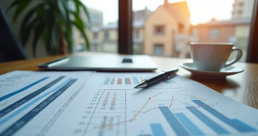 Printed real estate investment strategies and charts on desk 