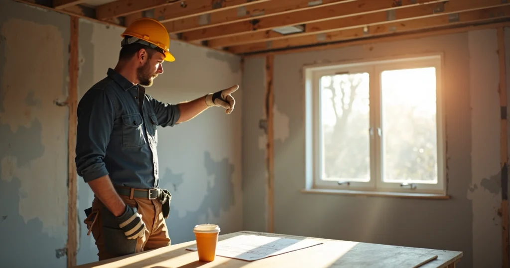 Contractor surveying interior renovation during a property flip 