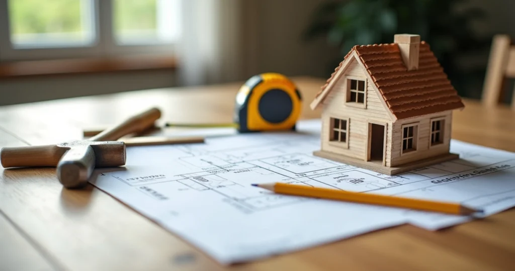 Architectural blueprints with miniature house and construction-related tools 