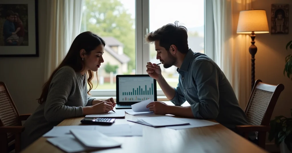 Couple reviewing investment documents in a home office 