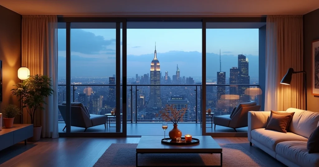 View from an apartment balcony overlooking a city skyline at dusk 