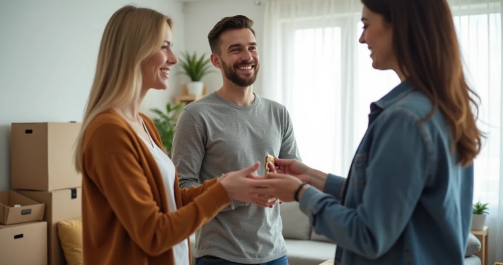 Young couple smiling as they receive house keys from a real estate agent 