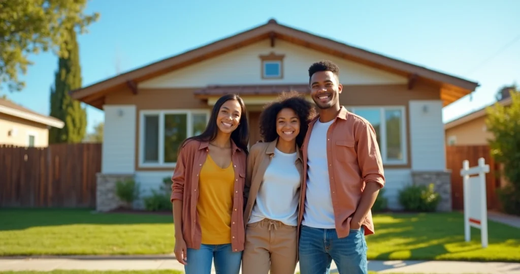 Young family outside new home 