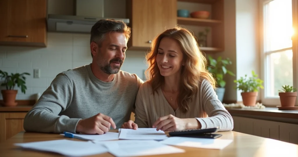 Couple reviewing FHA loan documents together at home 