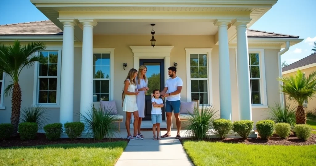 Happy family receiving the keys to their new Florida home 
