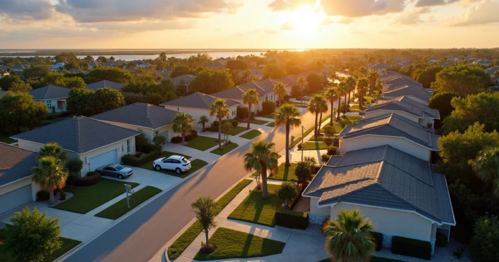 Florida suburban neighborhood with single-family homes and palm trees 