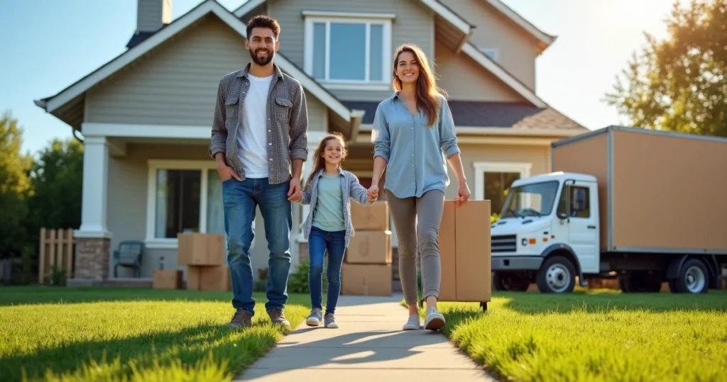 Smiling family in front of new house with moving boxes 