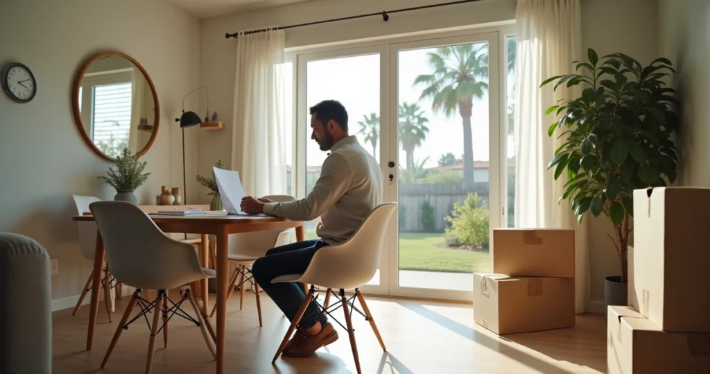 New homeowner in Florida reviewing tax incentive paperwork in living room 