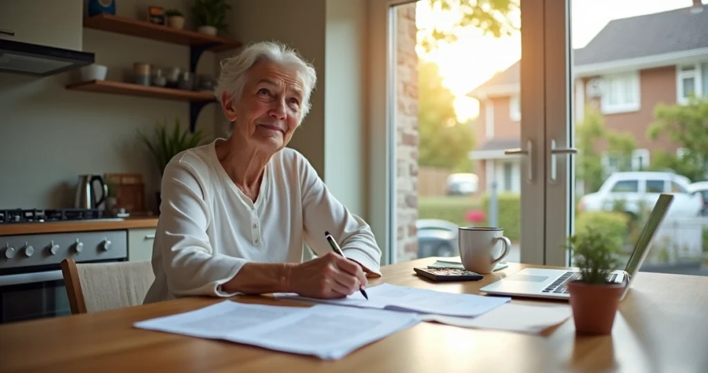 Homeowner signing refinance documents at kitchen table 