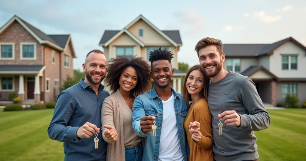 Diverse group of new homeowners standing in front of houses 