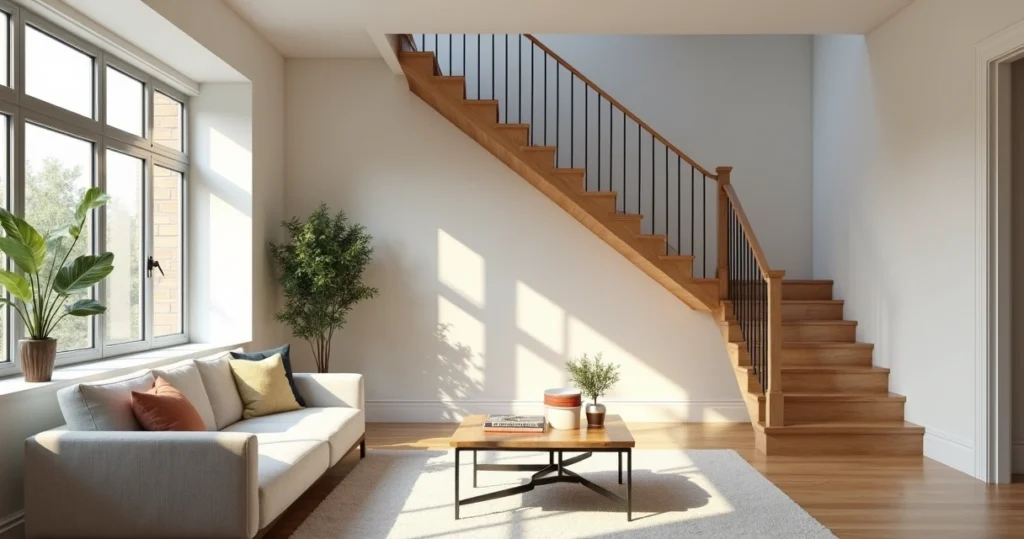 Modern townhome living room with staircase and natural light 