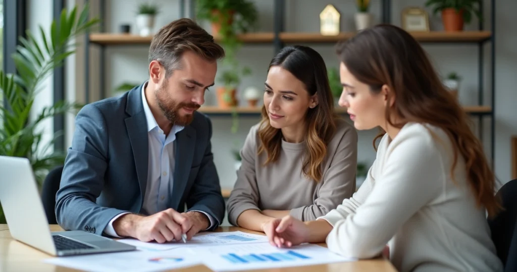 Loan officer discussing papers with a couple 