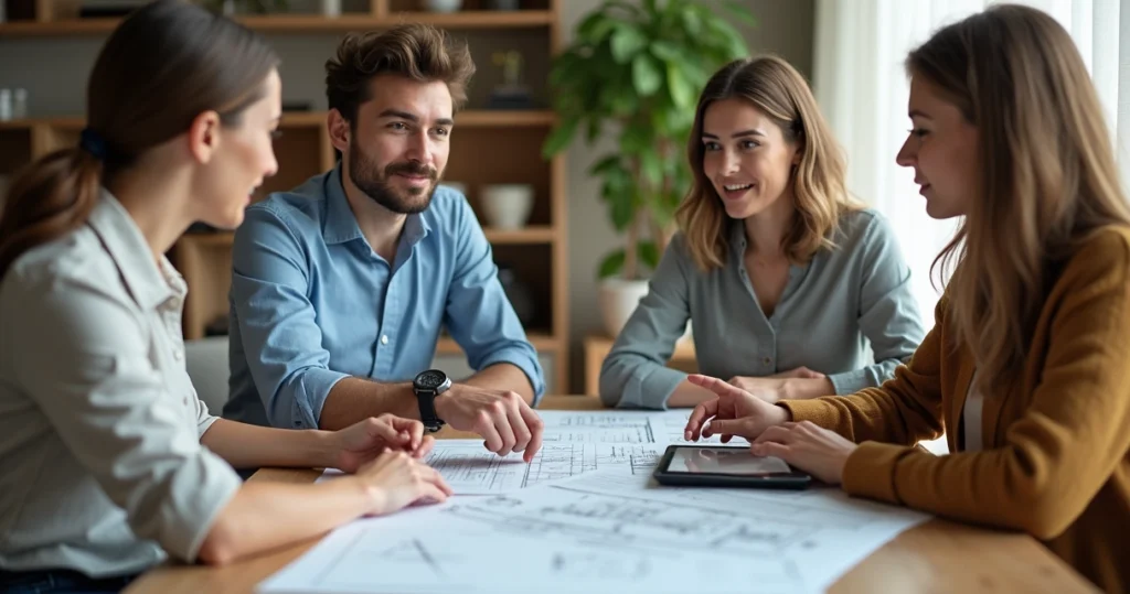 People reviewing construction plans with a mortgage advisor 