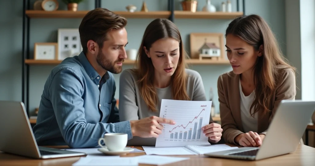 Mortgage advisor discussing options with first-time buyers 