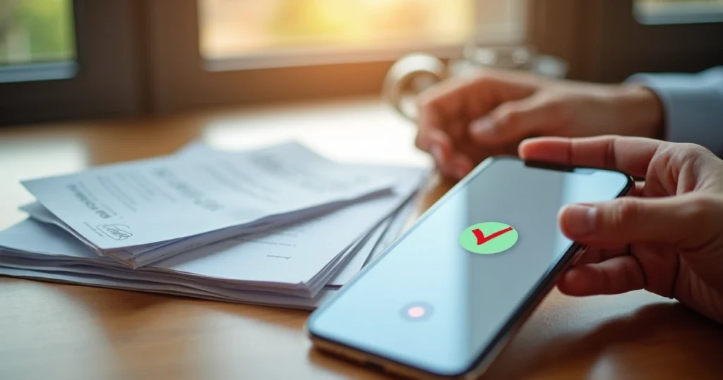 Stack of paid bills beside a smartphone displaying payment confirmation 