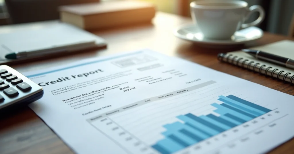 Person examining printed credit report with calculator and notepad nearby 