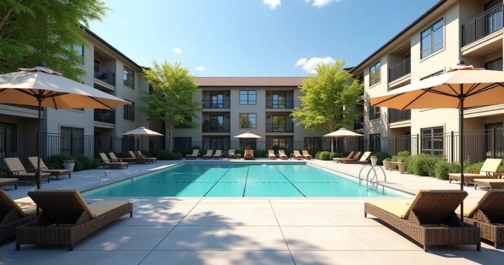 Townhome community pool and shared outdoor lounge area 