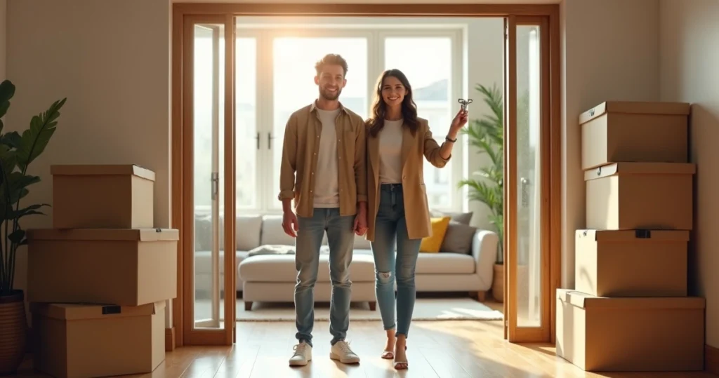 Young couple with moving boxes in new home, holding house keys by the door. 
