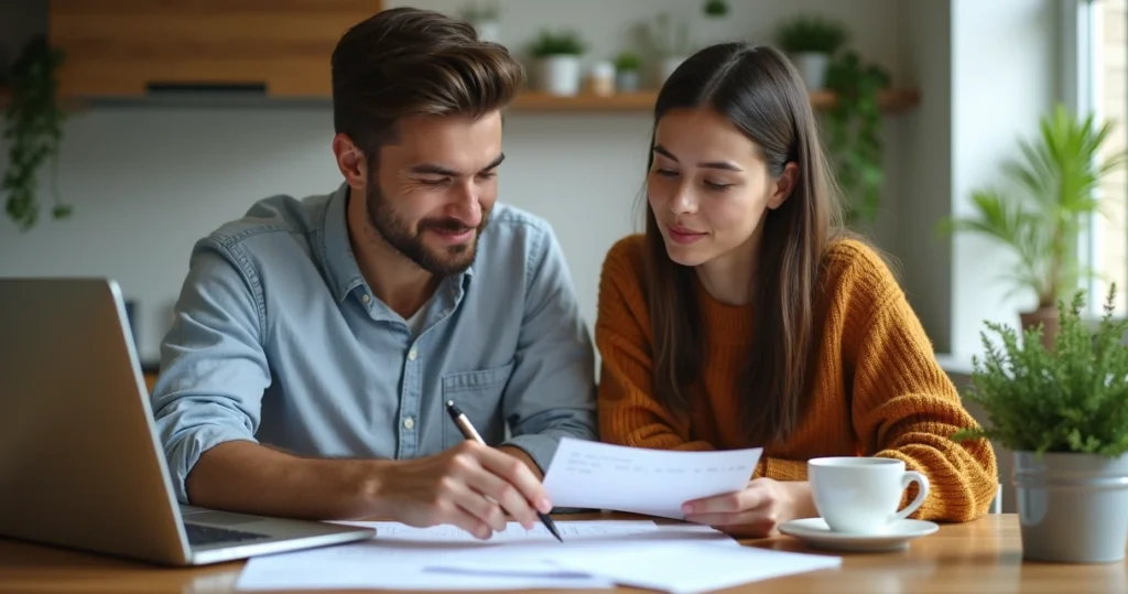 Couple reviewing mortgage documents and making extra payment 