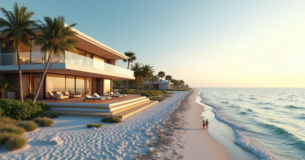 Modern beachfront property in Florida looking over the ocean 