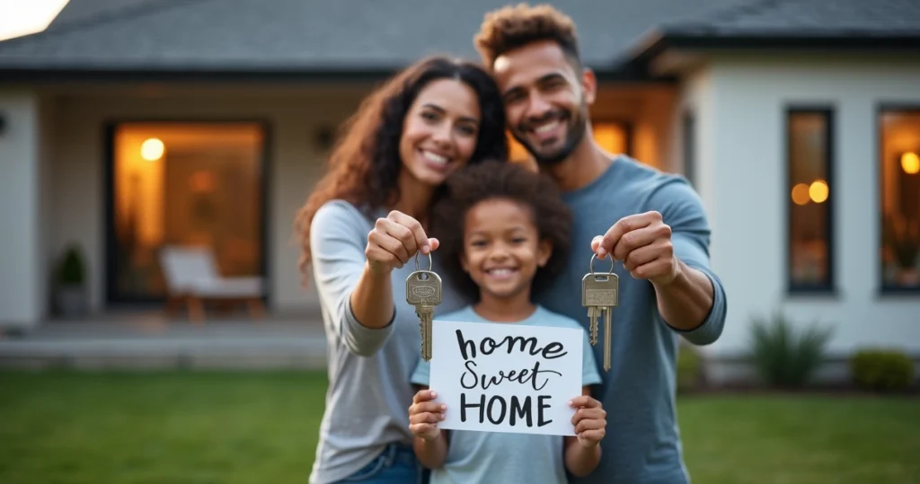 Family with keys in front of new house 