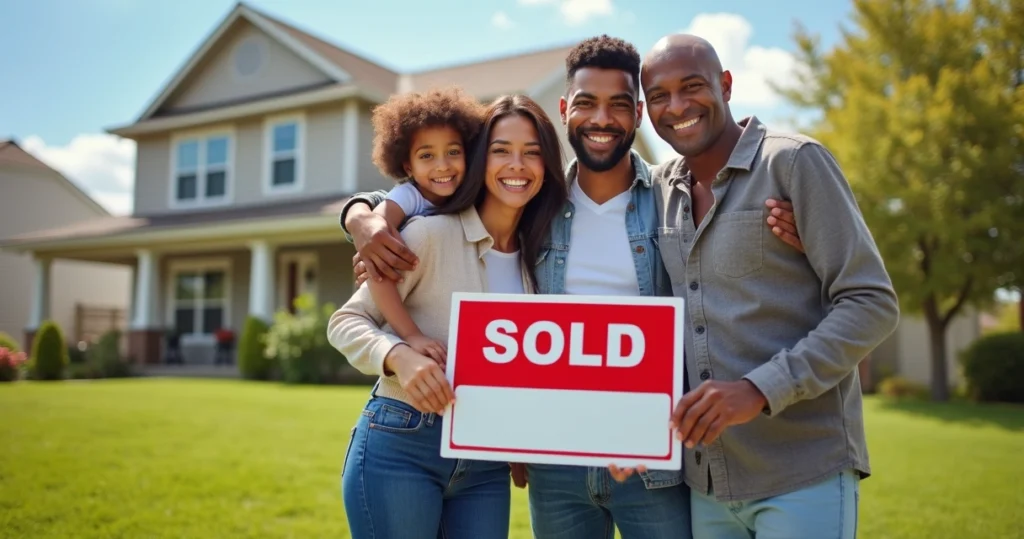 Happy family outside new American home 